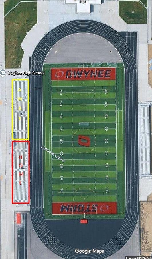 Aerial map of the Owyhee football field showing the AWAY bench to the north and the HOME bench to the south, both on the west side