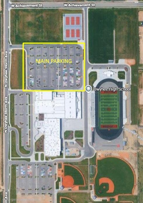 Aerial map of the Owyhee High School campus with the main parking lot outlined north of the school building and the stadium to its east