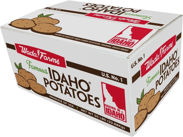 A 50-pound carton of Wada Farms U.S. No. 1 famous Idaho potatoes